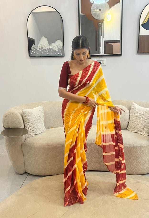 Beautiful Red and Yellow Soft Chiffon Minimal work Lahariya Saree