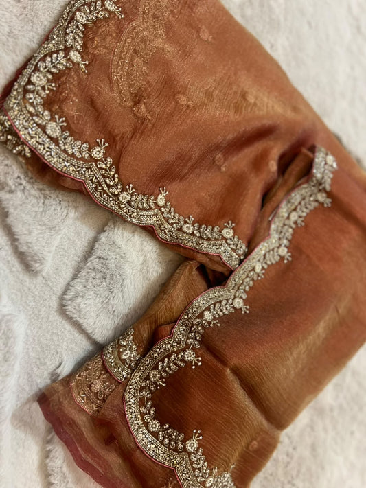 Beautiful Cheeku Color Fendy Tissue Pearl and Diamond Cut Work Saree
