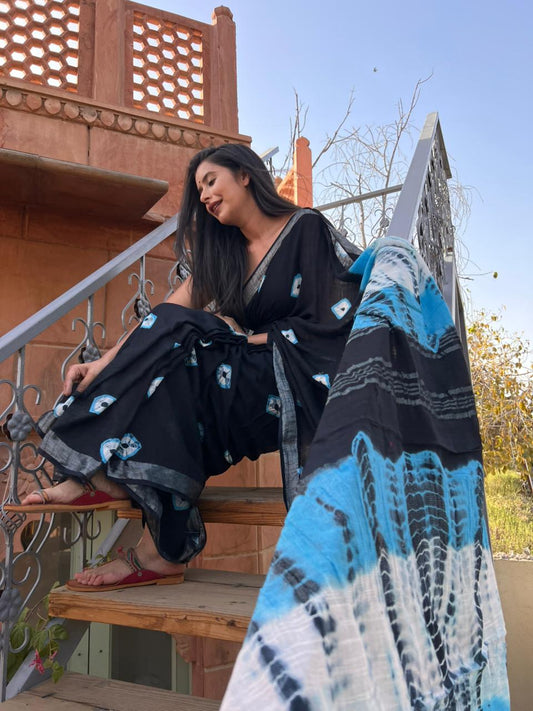 Beautiful Black and Sky Blue Linen Cotton Saree