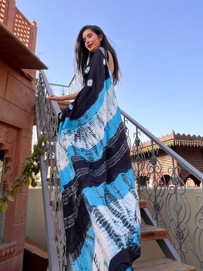 Beautiful Black and Sky Blue Linen Cotton Saree