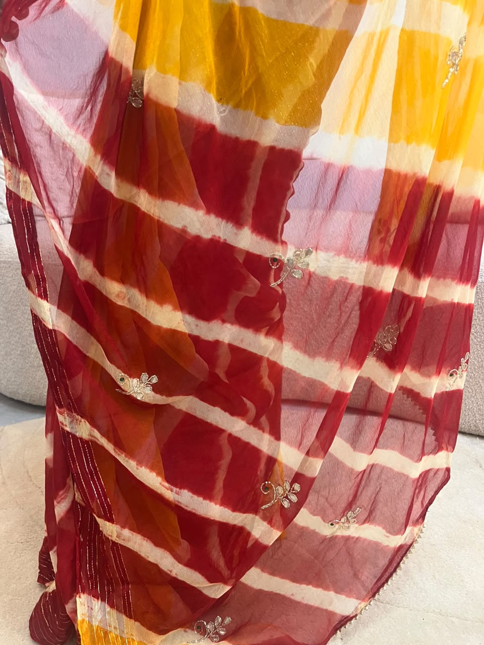 Beautiful Red and Yellow Soft Chiffon Minimal work Lahariya Saree