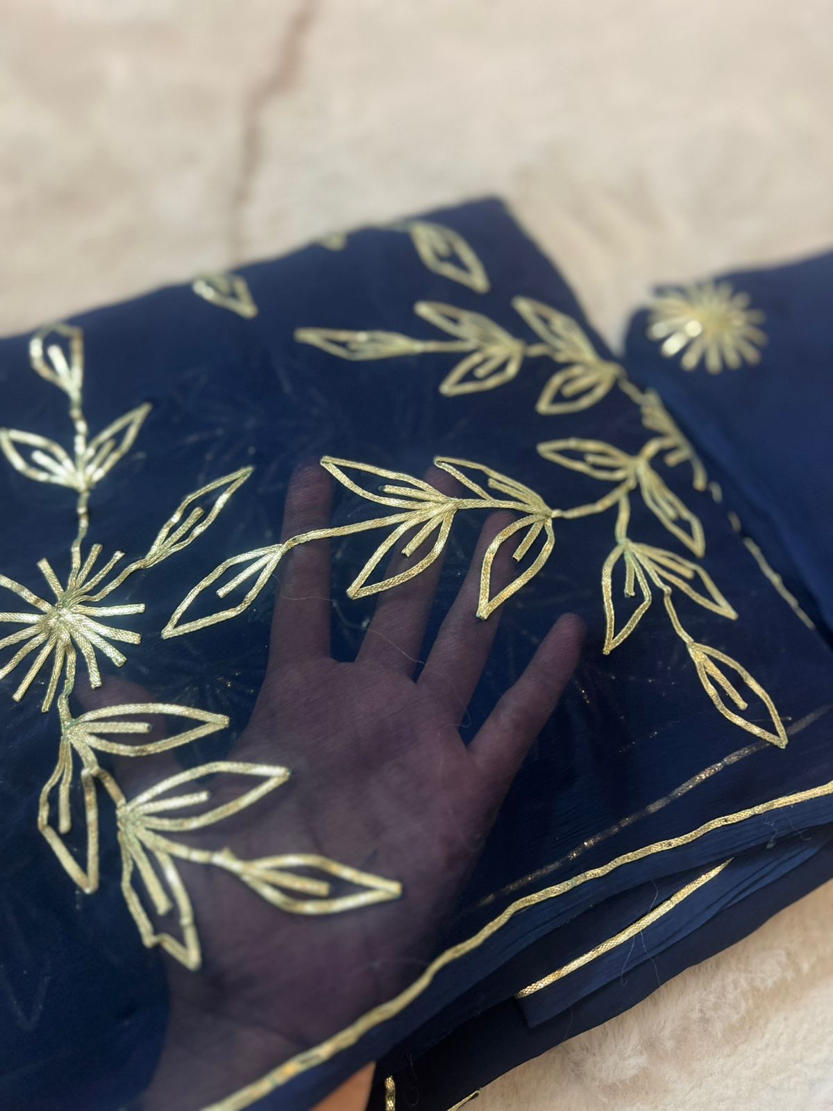 Pure Chiffon Gota Zaal Work Royal Blue Saree with Pure Crêpe Gota Zaal Work Blouse Piece