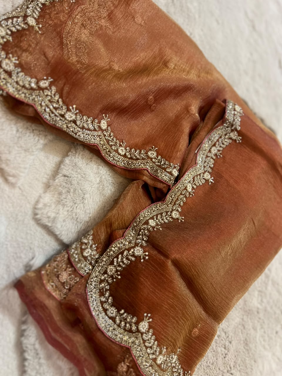 Beautiful Cheeku Color Fendy Tissue Pearl and Diamond Cut Work Saree