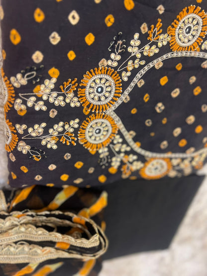 Designer Black and Mustard Haath Ka Bana Bandini Suit with Beautiful Chiffon Lahariya Dupatta (Unstitched)
