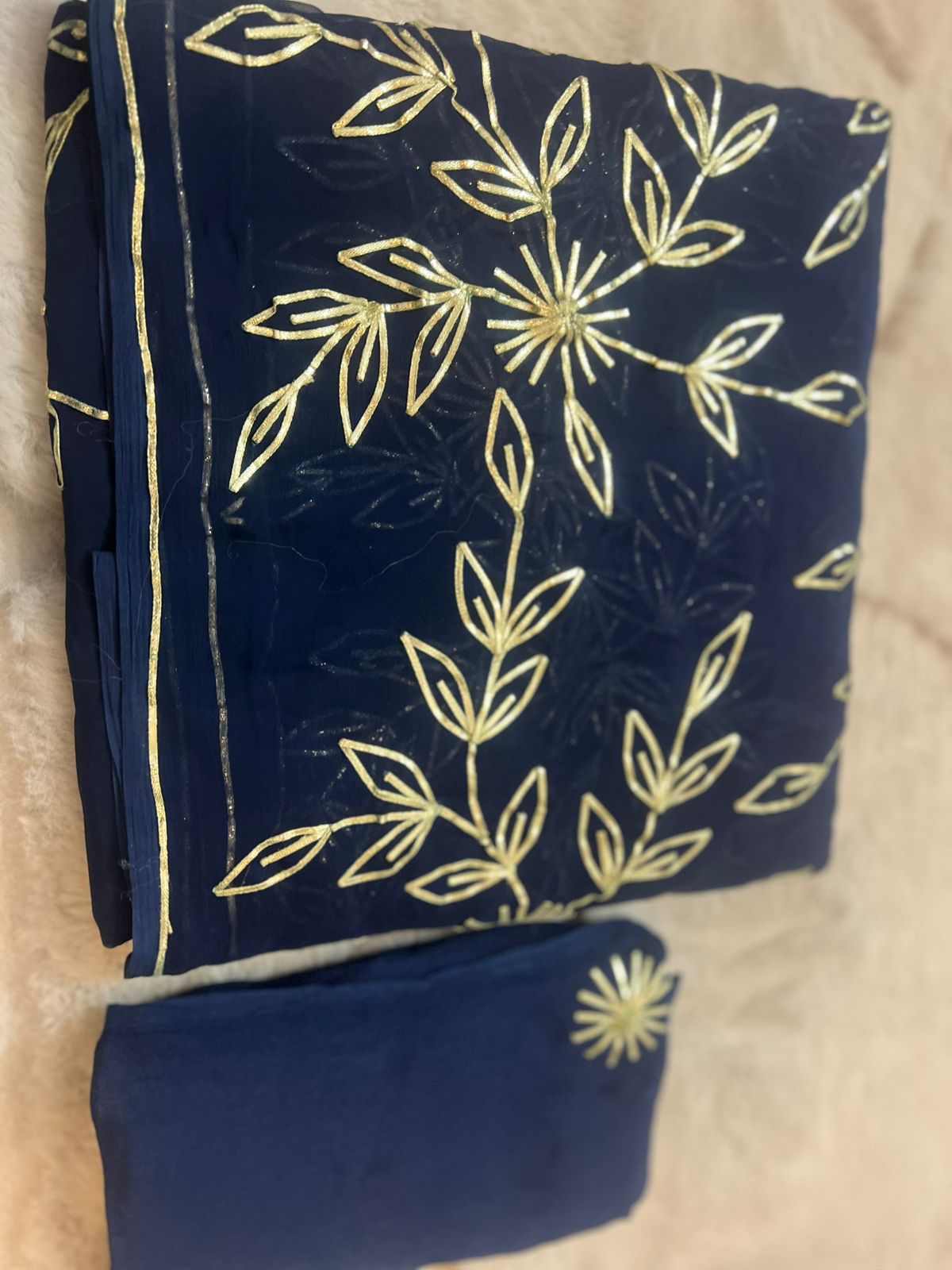 Pure Chiffon Gota Zaal Work Royal Blue Saree with Pure Crêpe Gota Zaal Work Blouse Piece