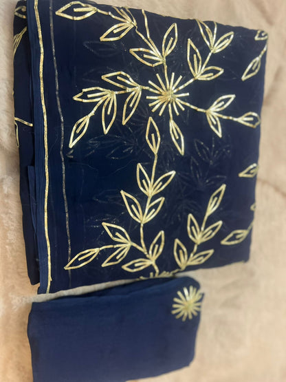 Pure Chiffon Gota Zaal Work Royal Blue Saree with Pure Crêpe Gota Zaal Work Blouse Piece