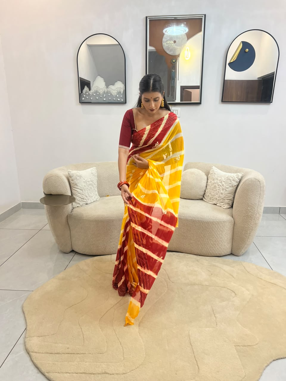 Beautiful Red and Yellow Soft Chiffon Minimal work Lahariya Saree