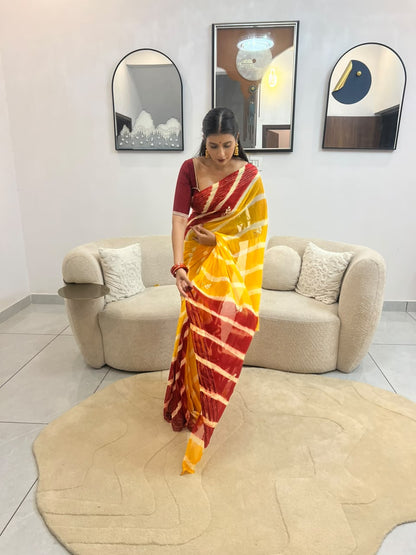 Beautiful Red and Yellow Soft Chiffon Minimal work Lahariya Saree