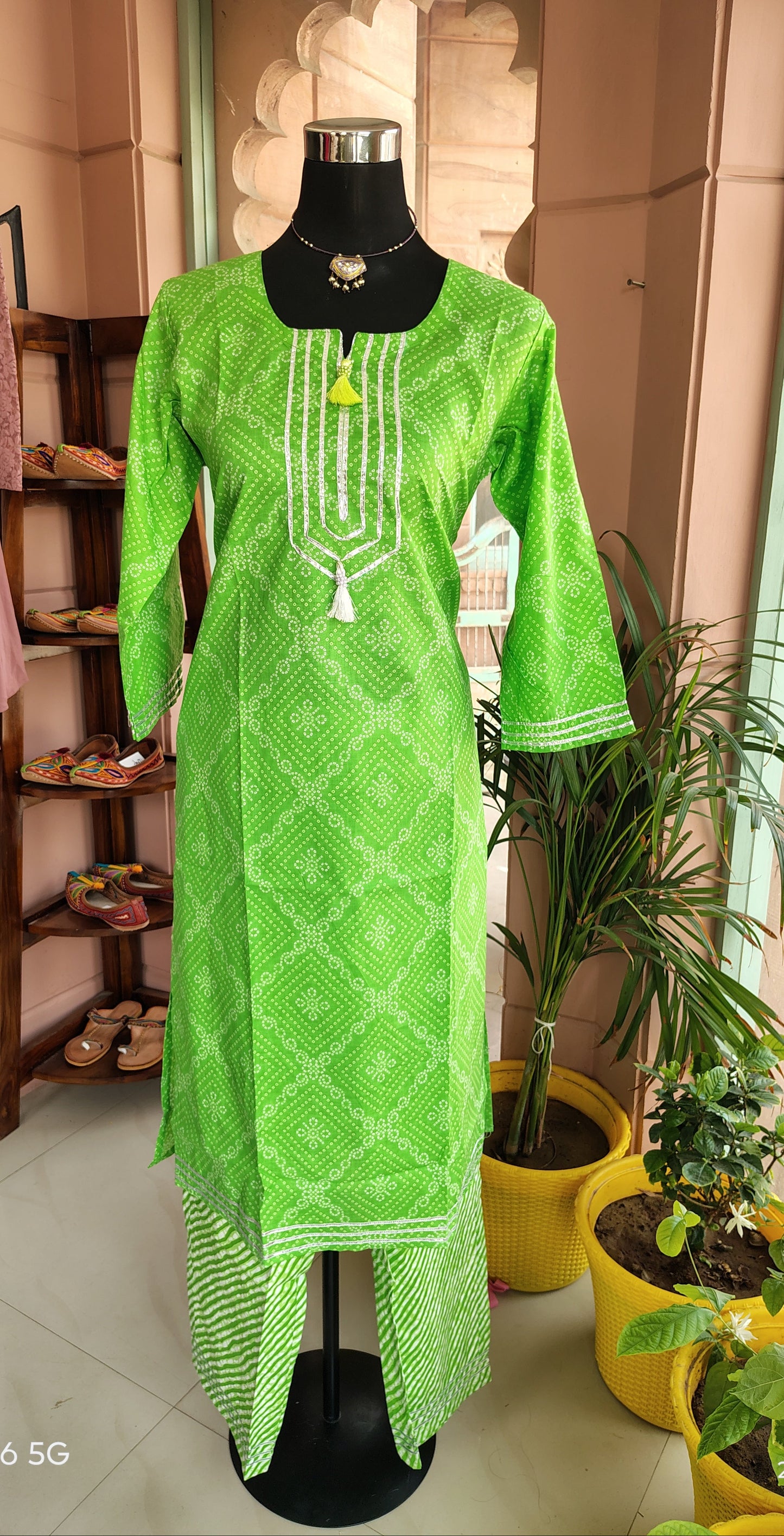 Green Bandhej Cotton Co-Ord Set with Gota Work (Size: XL)