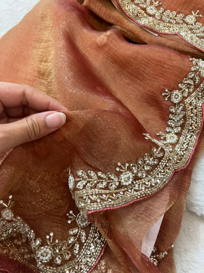 Beautiful Cheeku Color Fendy Tissue Pearl and Diamond Cut Work Saree