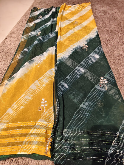 Beautiful Yellow-Green Color Lahariya Saree with Blouse Piece