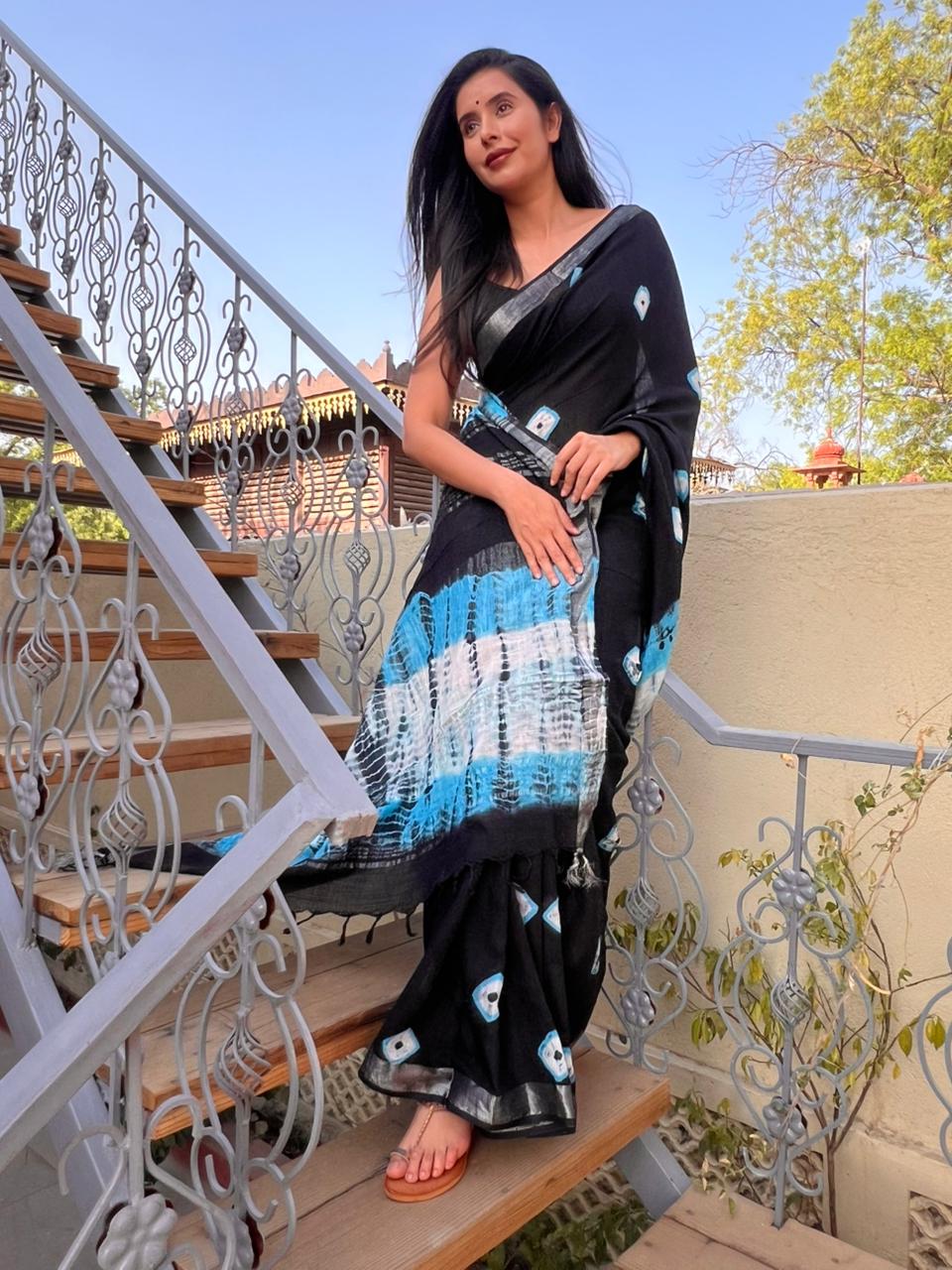 Beautiful Black and Sky Blue Linen Cotton Saree