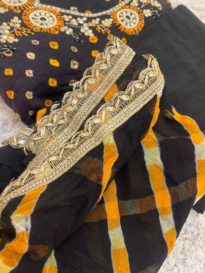 Designer Black and Mustard Haath Ka Bana Bandini Suit with Beautiful Chiffon Lahariya Dupatta (Unstitched)