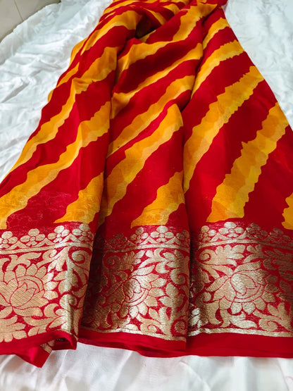 Beautiful Red and Yellow Lahariya Saree with Heavy Border and Blouse Piece