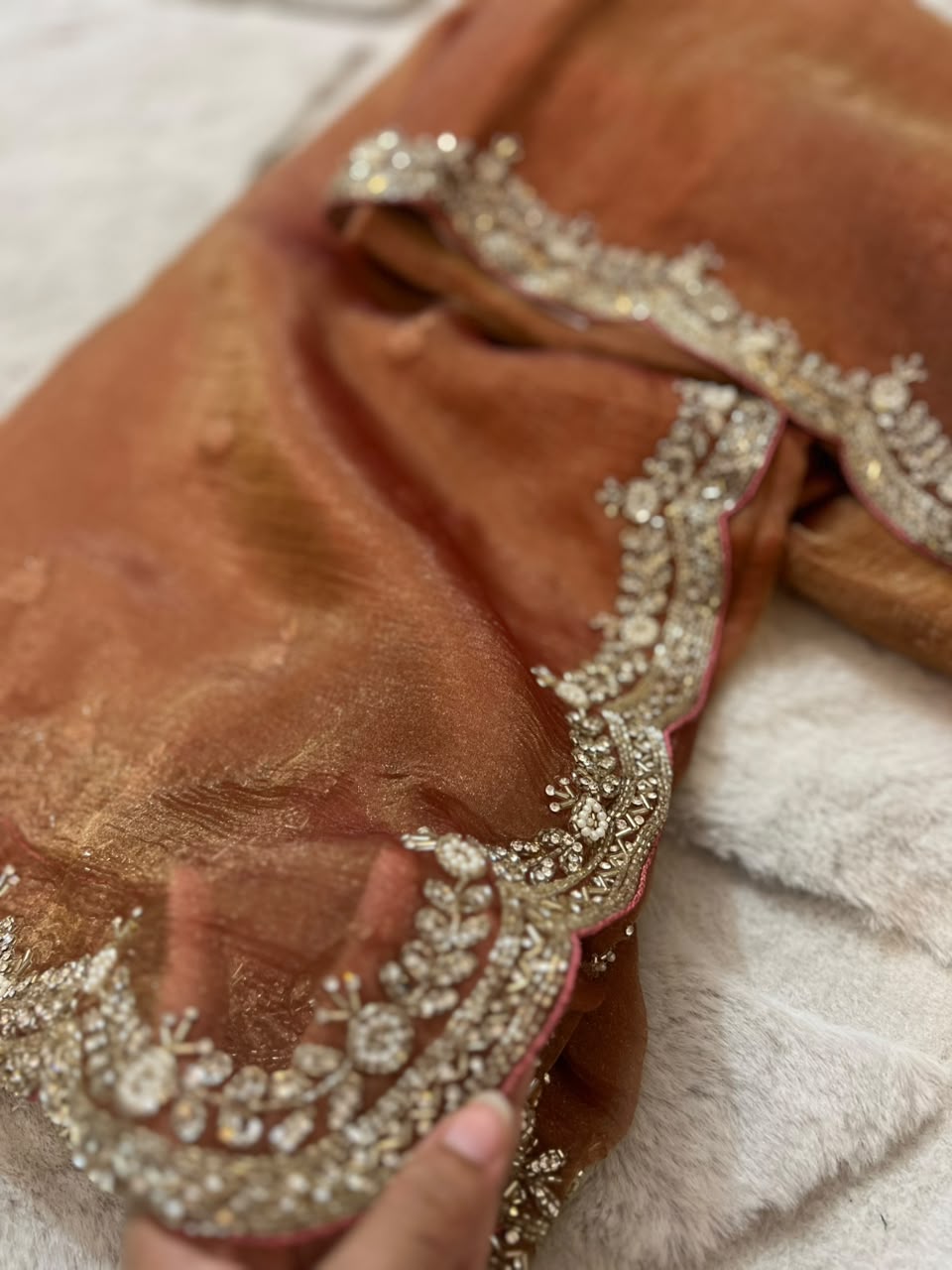 Beautiful Cheeku Color Fendy Tissue Pearl and Diamond Cut Work Saree