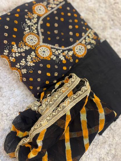 Designer Black and Mustard Haath Ka Bana Bandini Suit with Beautiful Chiffon Lahariya Dupatta (Unstitched)
