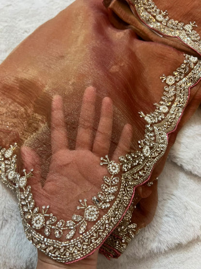 Beautiful Cheeku Color Fendy Tissue Pearl and Diamond Cut Work Saree