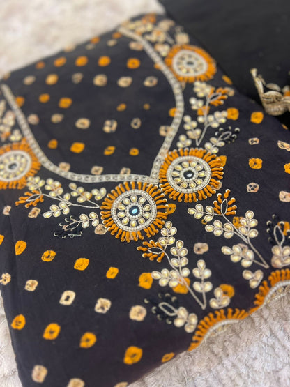 Designer Black and Mustard Haath Ka Bana Bandini Suit with Beautiful Chiffon Lahariya Dupatta (Unstitched)