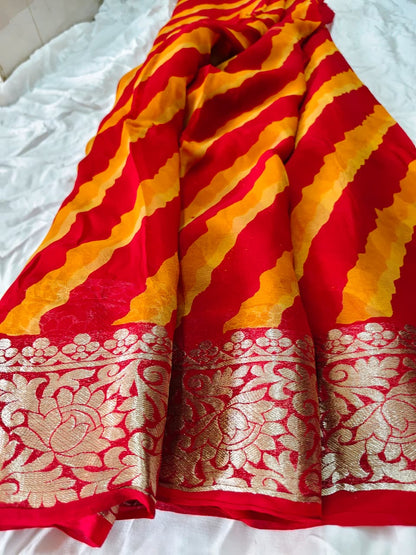 Beautiful Red and Yellow Lahariya Saree with Heavy Border and Blouse Piece