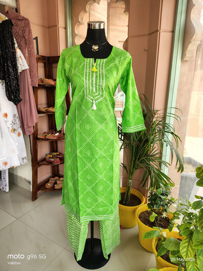 Green Bandhej Cotton Co-Ord Set with Gota Work (Size: XL)