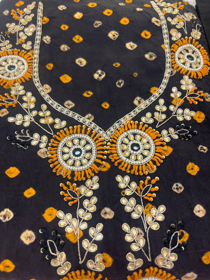 Designer Black and Mustard Haath Ka Bana Bandini Suit with Beautiful Chiffon Lahariya Dupatta (Unstitched)