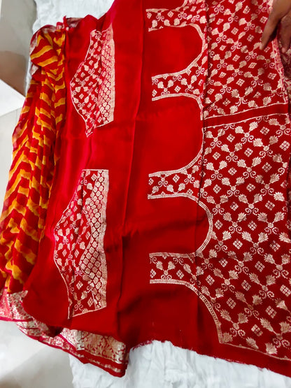 Beautiful Red and Yellow Lahariya Saree with Heavy Border and Blouse Piece