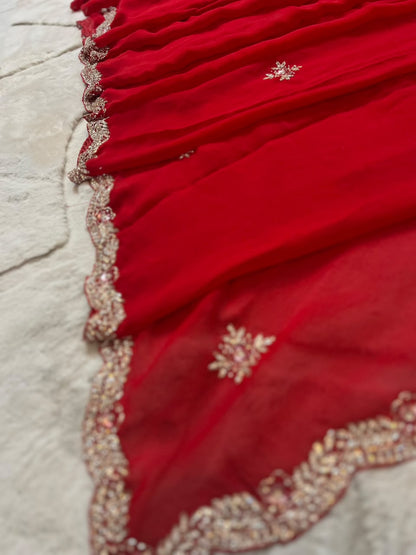 Beautiful Red Color Fendy Tissue Pearl and Diamond Cut Work Saree