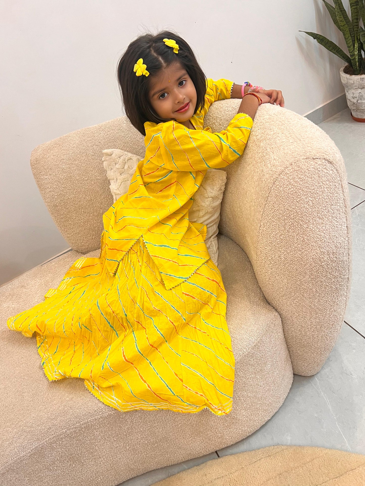 Beautiful Yellow Pure Cotton Lahariya Long Skirt and Kurti