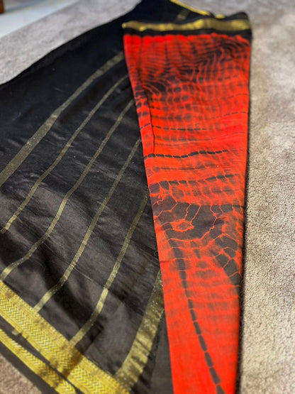 Beautiful Red and Balck Pure Cotton Saree with Zari Border