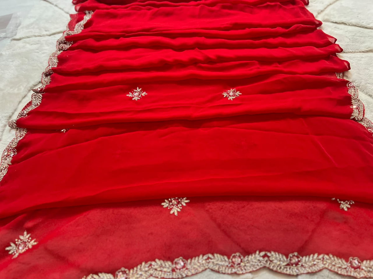 Beautiful Red Color Fendy Tissue Pearl and Diamond Cut Work Saree