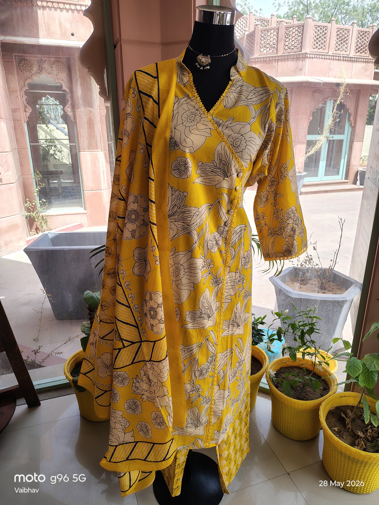 Beautiful Yellow Color Pure Cotton Lace Work with Cotton Duppatta Angrakha Pattern Suit (Size: 6XL)
