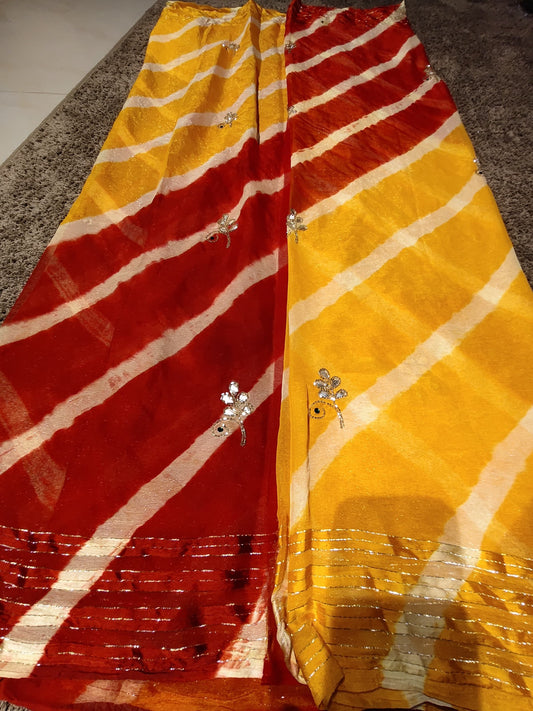 Beautiful Yeaalow-Red Color Lahariya Saree with Blouse Piece