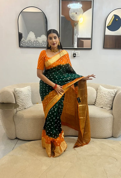 Bottle Green and Orange Soft Silk Banarasi Saree with Running Blouse