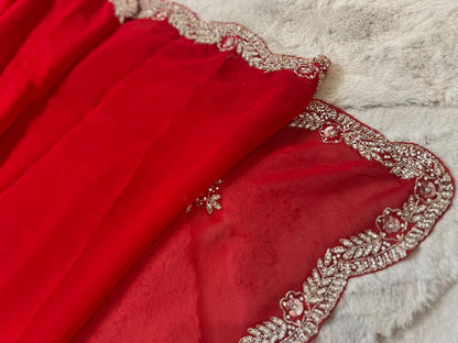 Beautiful Red Color Fendy Tissue Pearl and Diamond Cut Work Saree