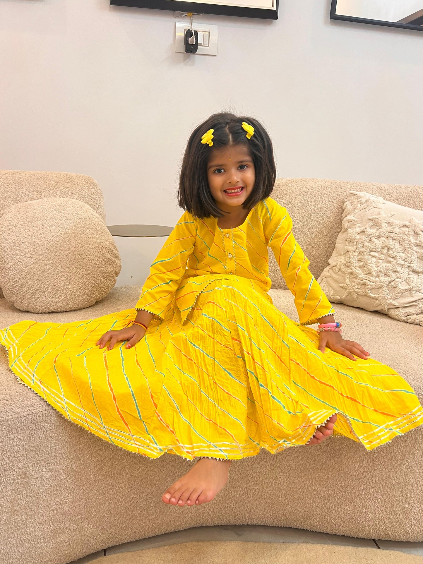 Beautiful Yellow Pure Cotton Lahariya Long Skirt and Kurti