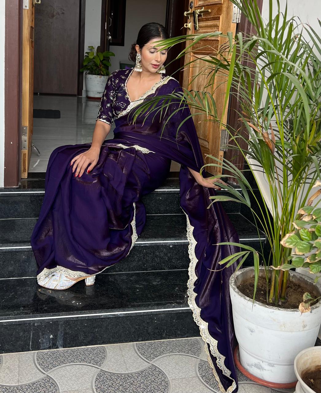 Purple Fendy Tissue Silk Designer Sari with Fendy Tissue Silk Designer Kaanchli Blouse