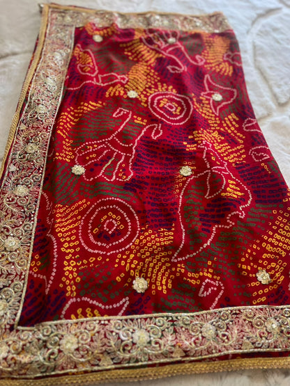Red Chunari Ki Traditional Saree with Green Blouse Piece
