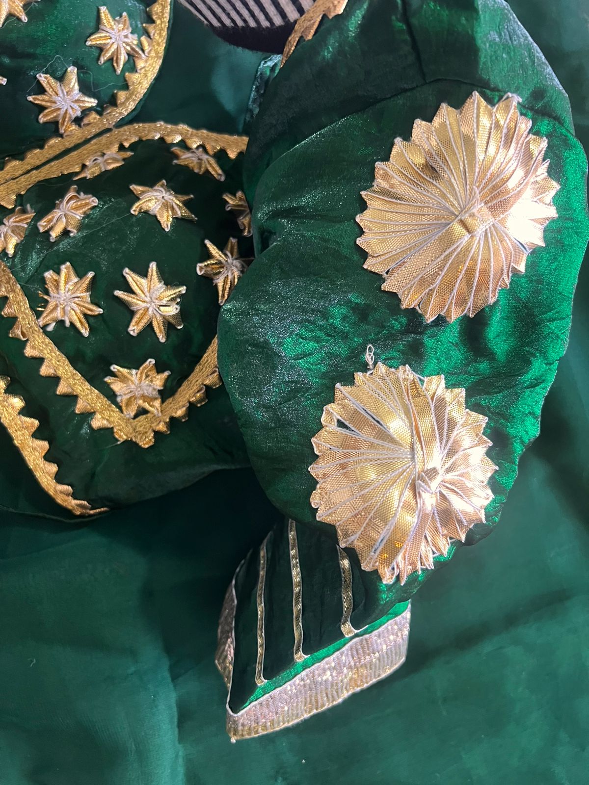 Bottle Green Pure Chiffon Saree with Lovely Border in Golden Colour and Beautiful Angi Blouse Paired with it