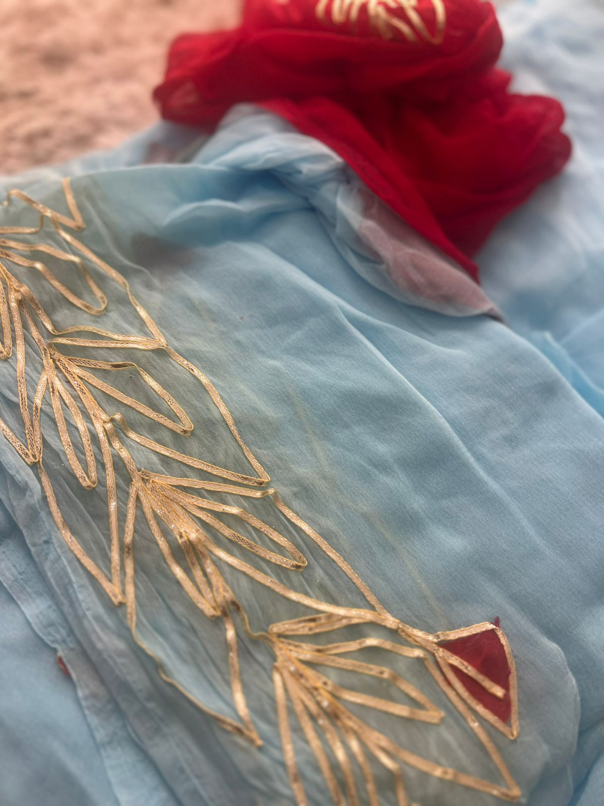 Blue Color Gota Work Chiffon Saree with Red Blouse Piece