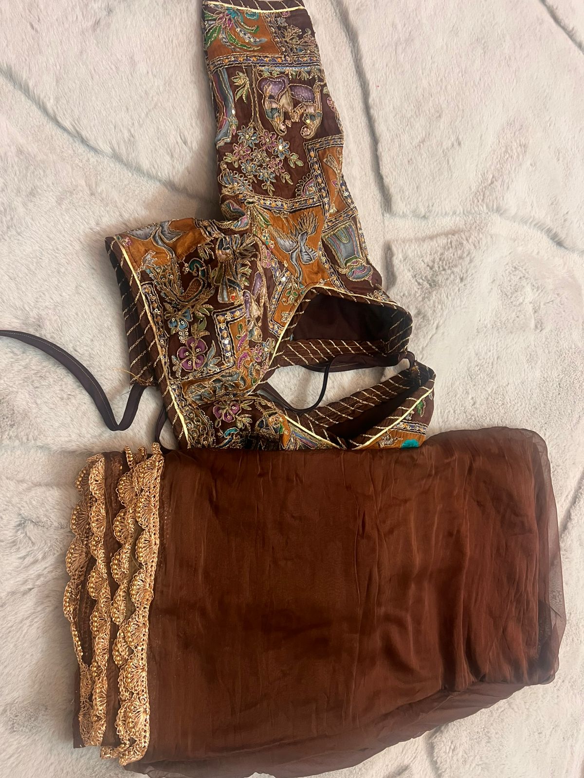 Chocolate Brown Chiffon Saree with Designer Border with Designer Kaanchli Blouse