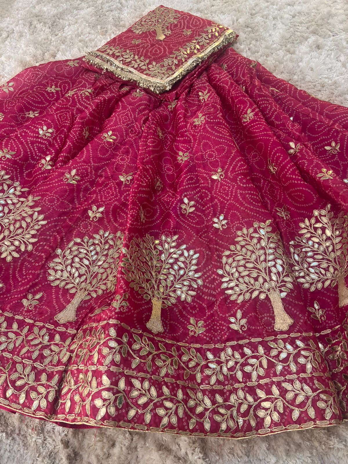 Bandhini with Gota Patti Work Full Ghera Magenta Pink Poshak (Unstitched)