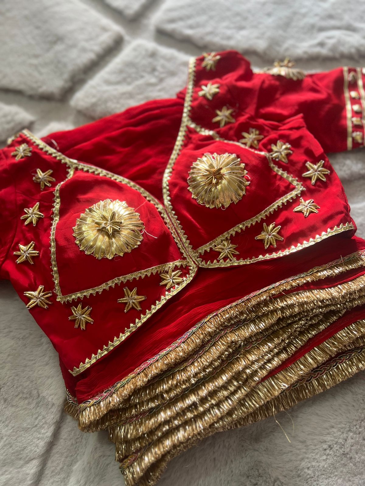 Designer Kanchli Blouse with Soft Chiffon Red Saree with Traditional Border