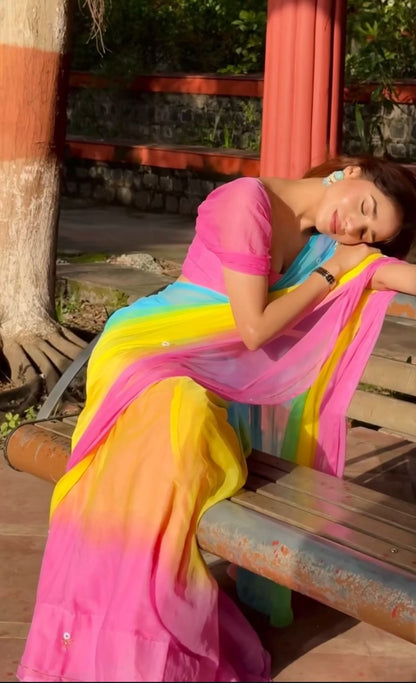 Multi-Color Shaded Flower Booti Chiffon Saree