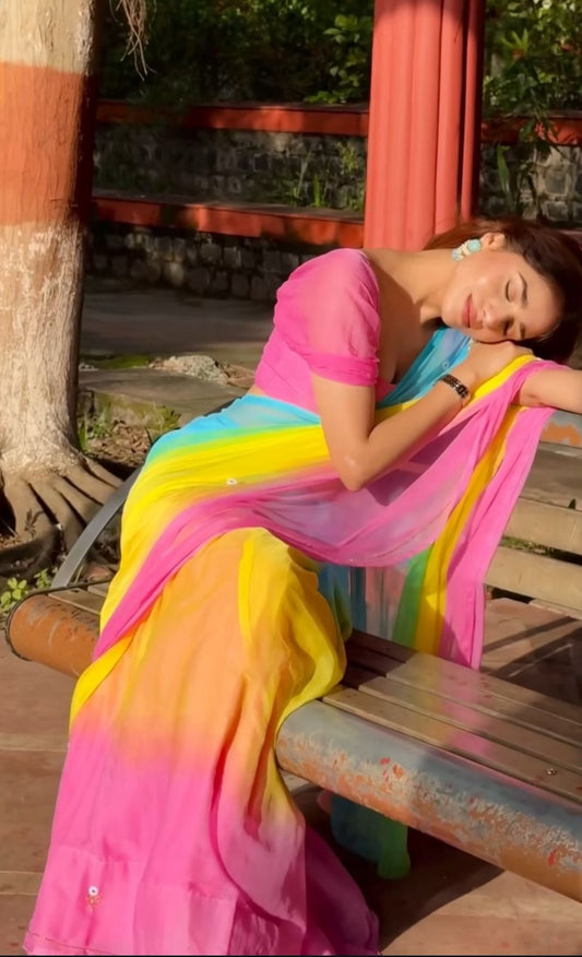 Multi-Color Shaded Flower Booti Chiffon Saree