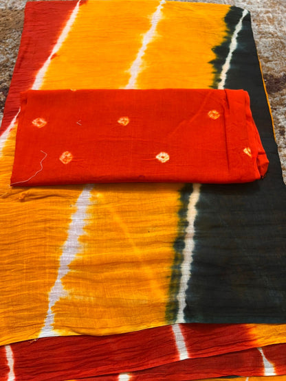 Soft Cotton Malmal Laheriya Saree with Bandhini Blouse Peice