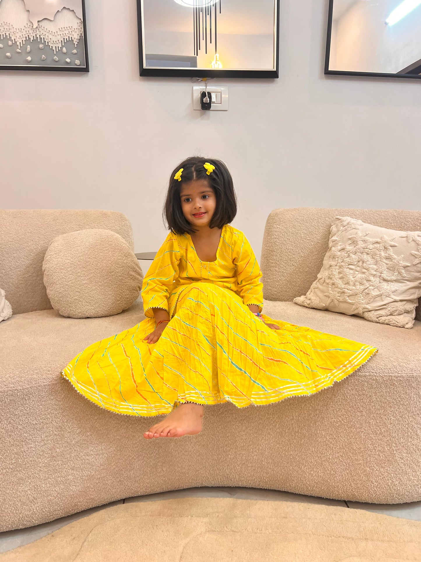 Beautiful Yellow Pure Cotton Lahariya Long Skirt and Kurti