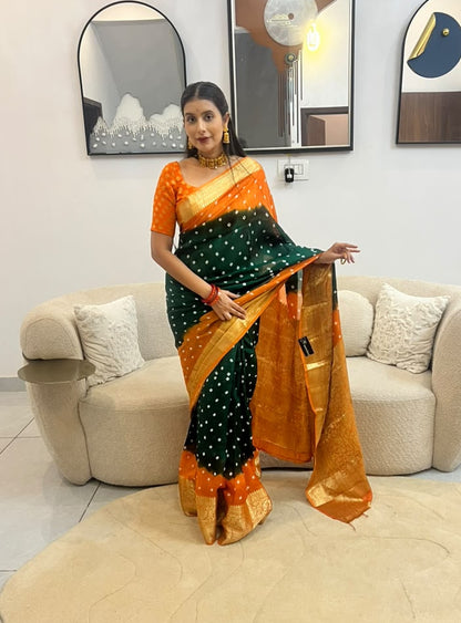 Bottle Green and Orange Soft Silk Banarasi Saree with Running Blouse