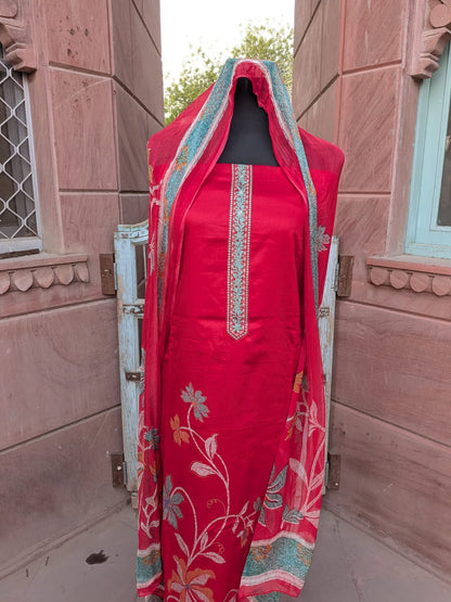 Red Lace Cotton Flower Print Suit with Printed Chiffon Dupatta (Unstitched)