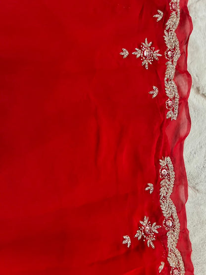 Beautiful Red Color Fendy Tissue Pearl and Diamond Cut Work Saree