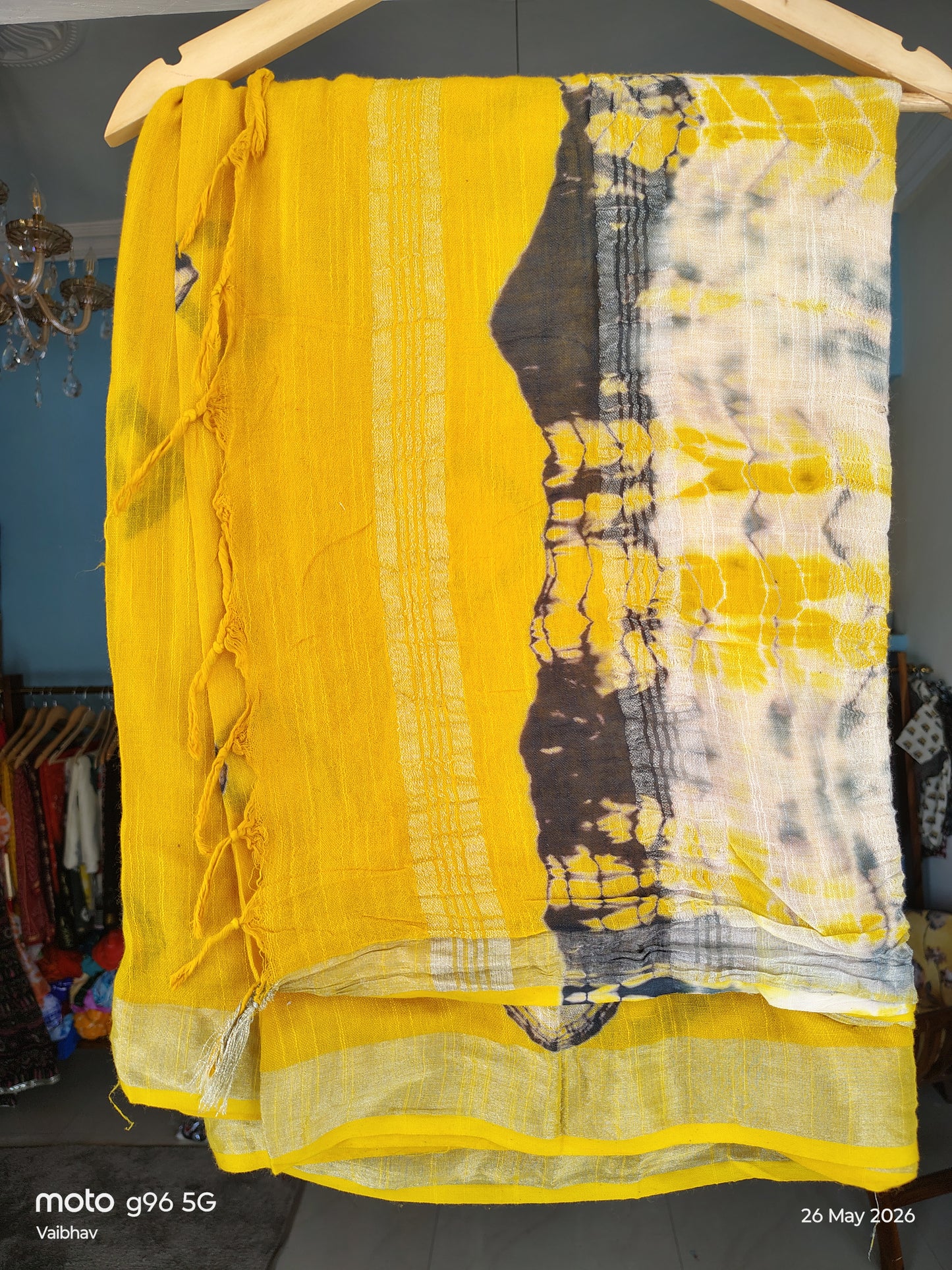 Beautiful Yellow and Black Designer Linen Cotton Saree